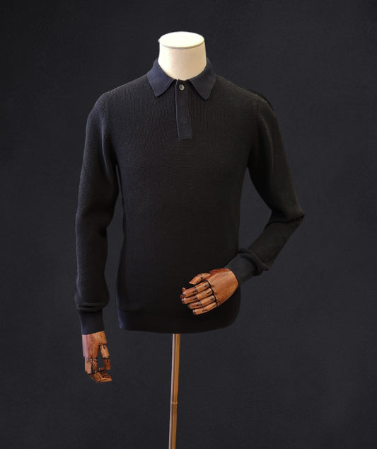 Waffle Knitted Long-Sleeve Polo - Dark Navy