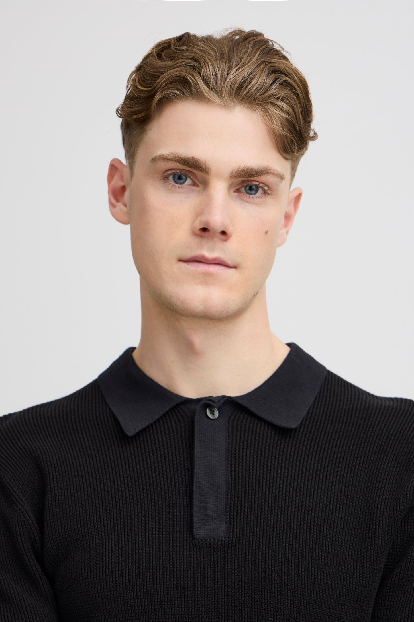 Waffle Knitted Long-Sleeve Polo - Dark Navy