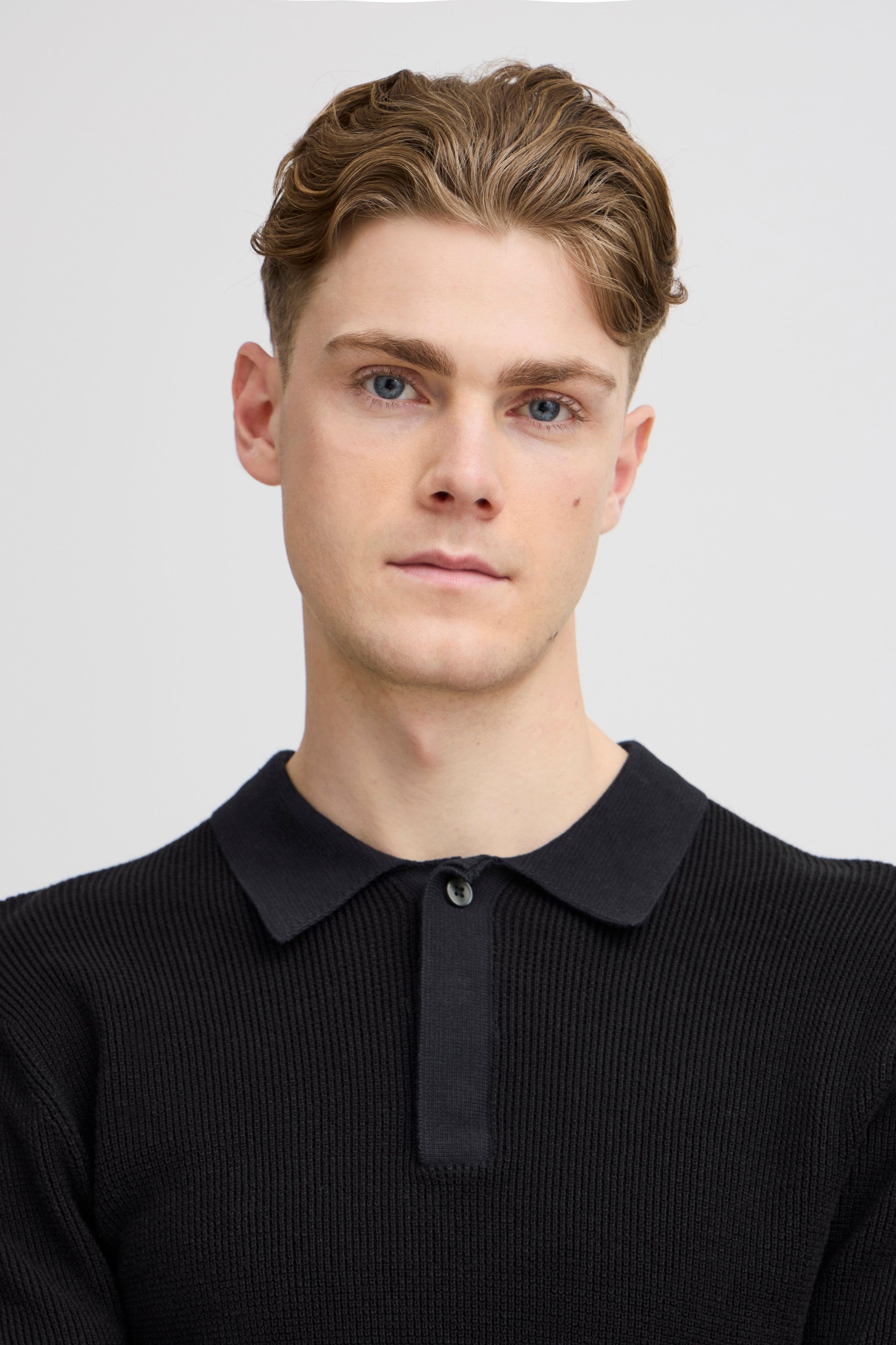 Waffle Knitted Long-Sleeve Polo - Dark Navy