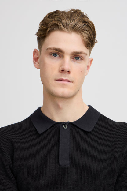 Waffle Knitted Long-Sleeve Polo - Dark Navy