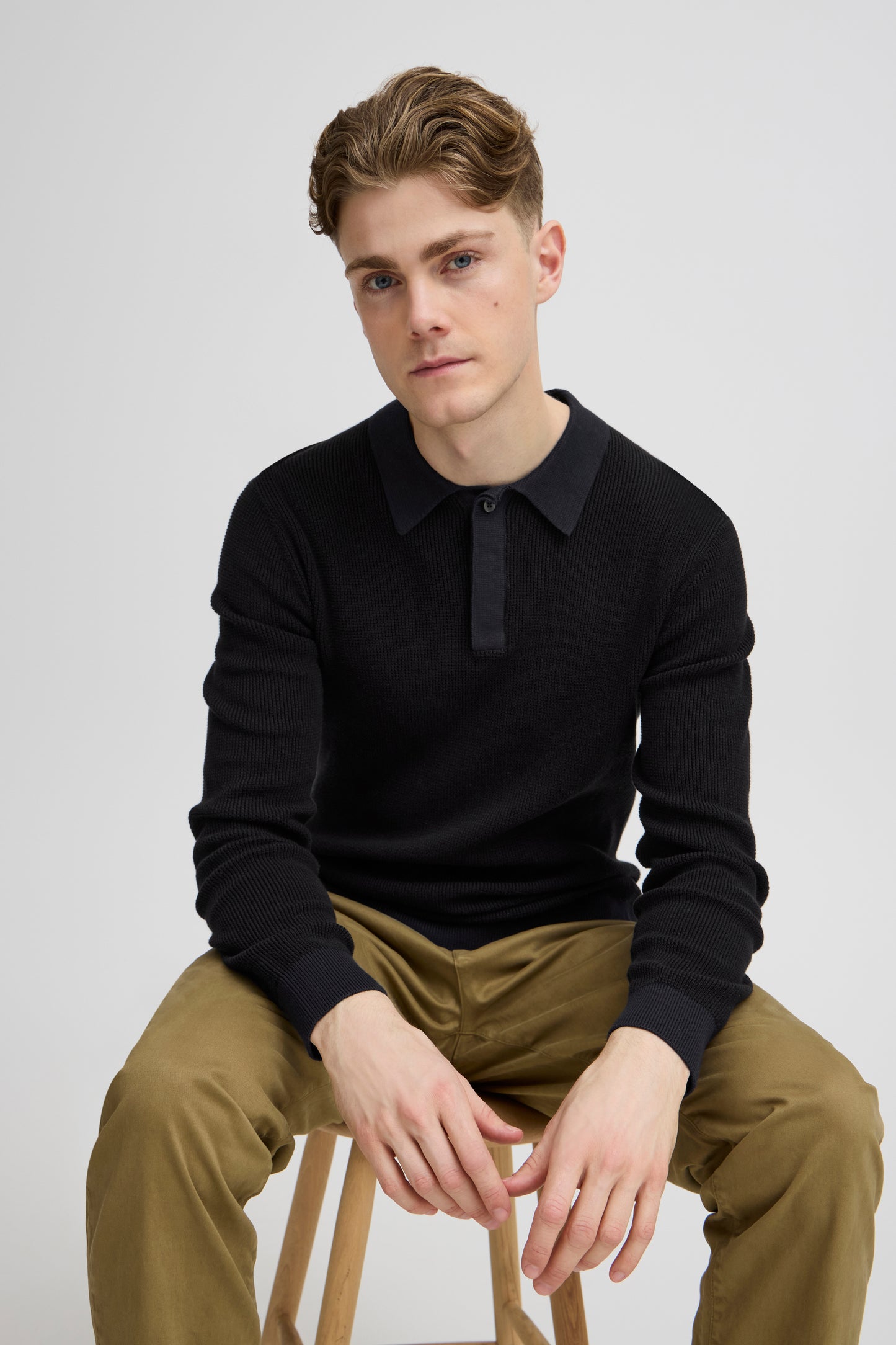 Waffle Knitted Long-Sleeve Polo - Dark Navy