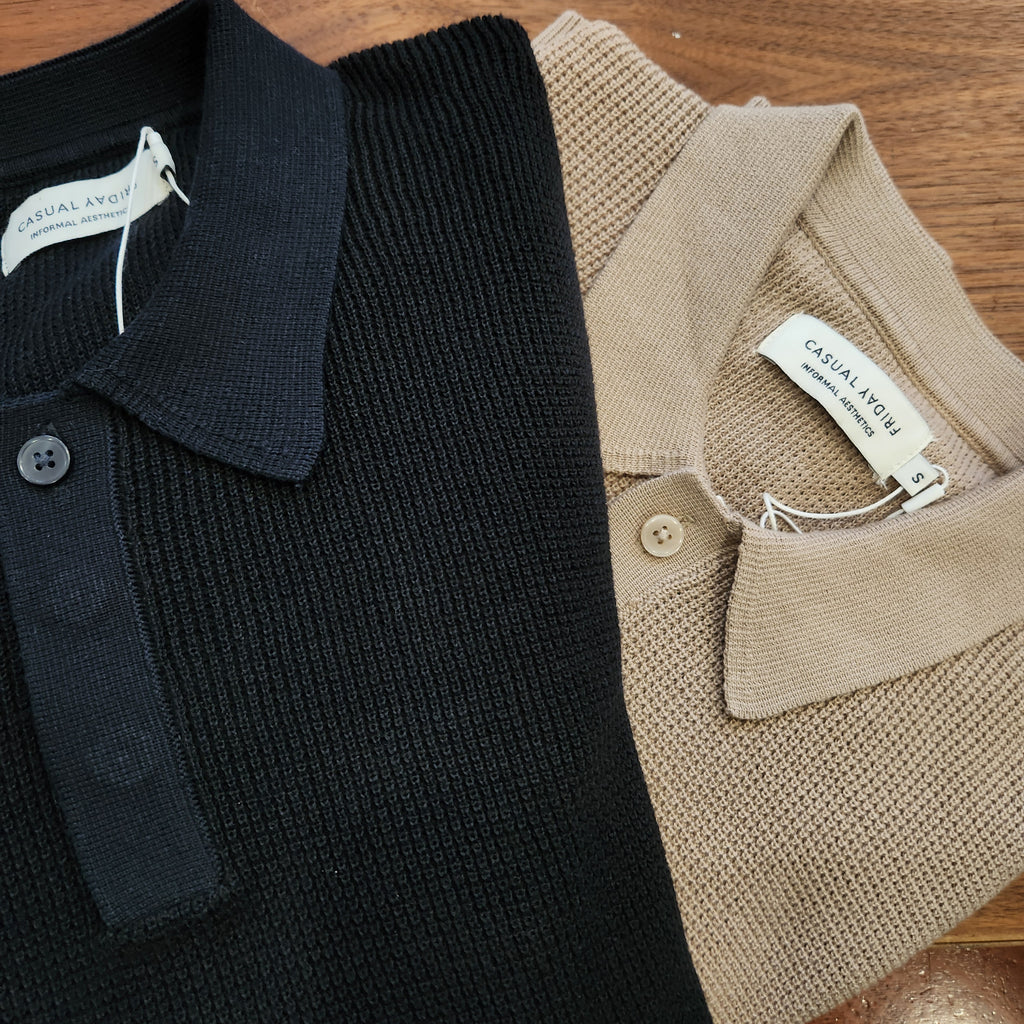 Waffle Knitted Long-Sleeve Polo - Dark Navy