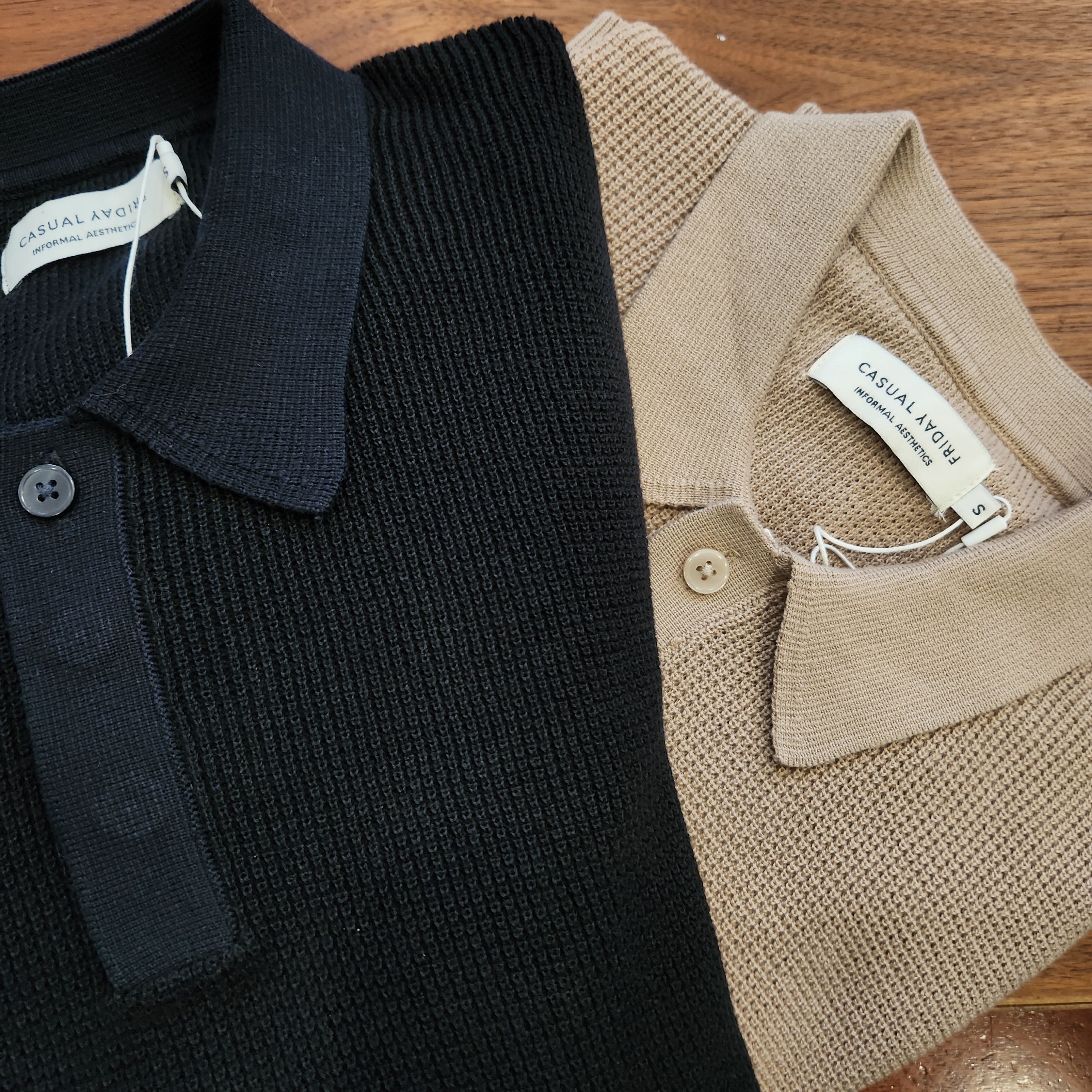 Waffle Knitted Long-Sleeve Polo - Dark Navy