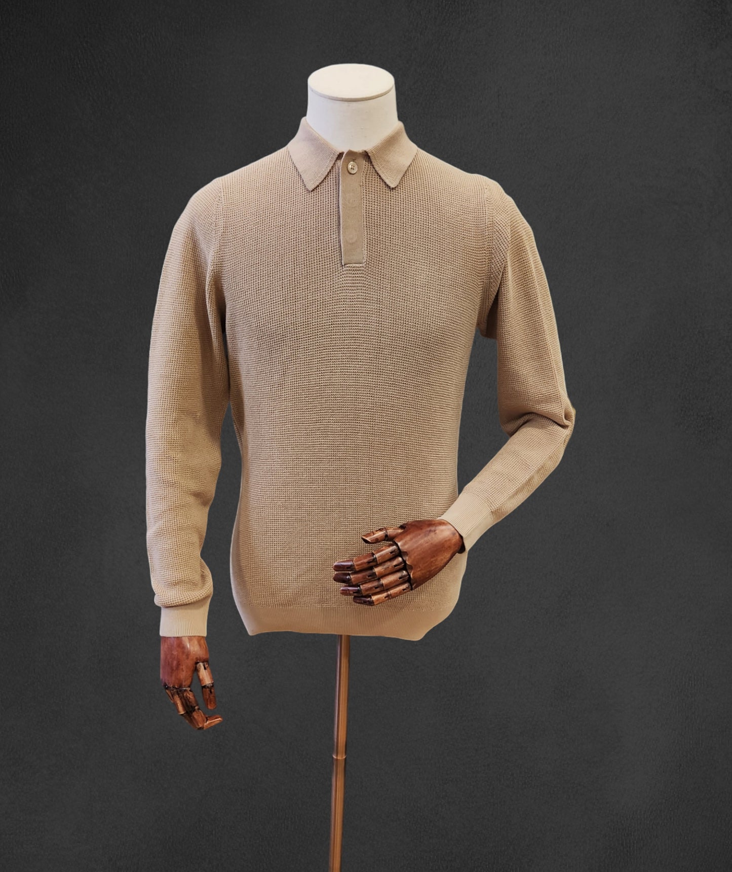 Waffle Knitted Long-Sleeve Polo - Vanilla
