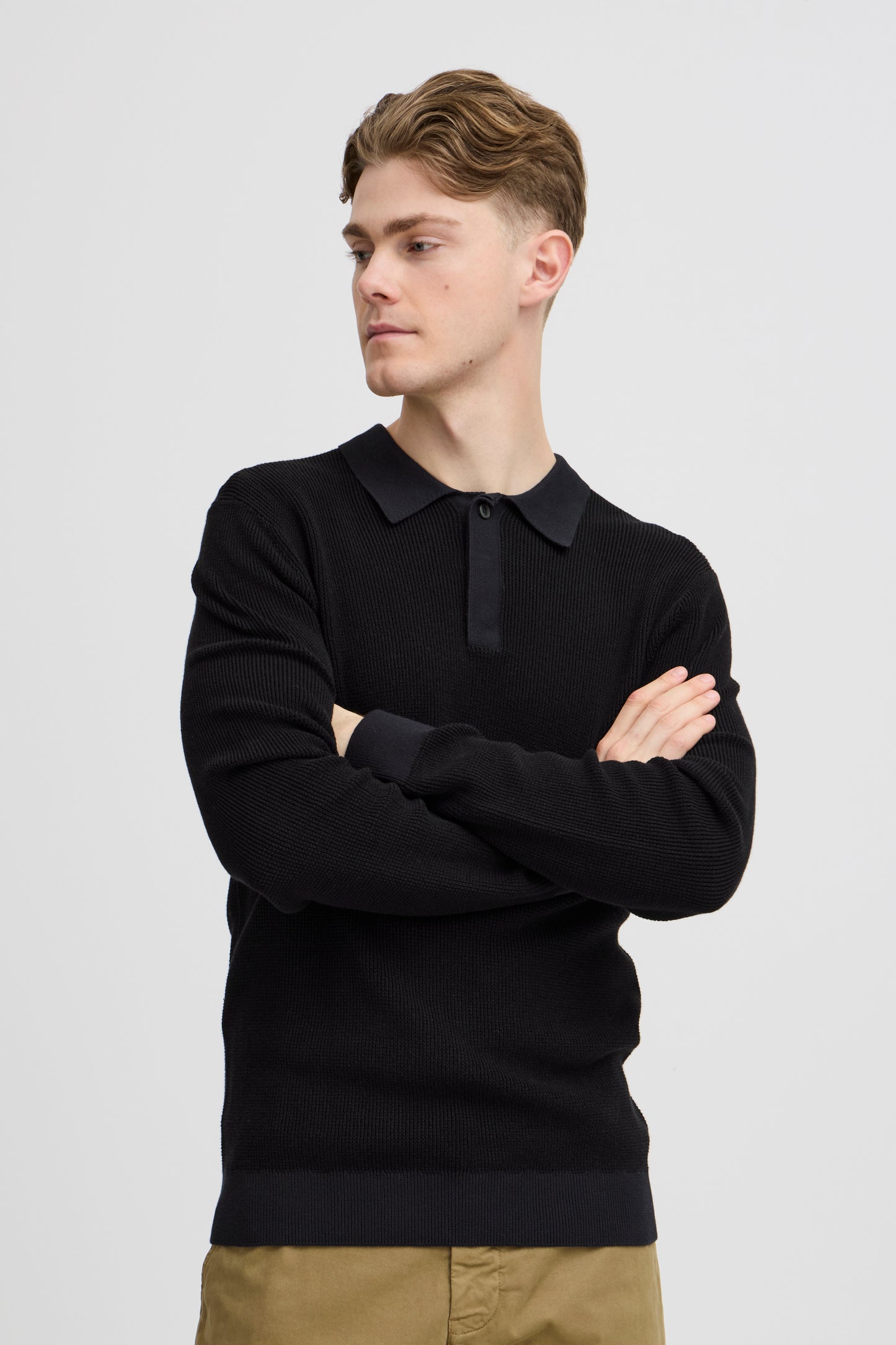 Waffle Knitted Long-Sleeve Polo - Dark Navy