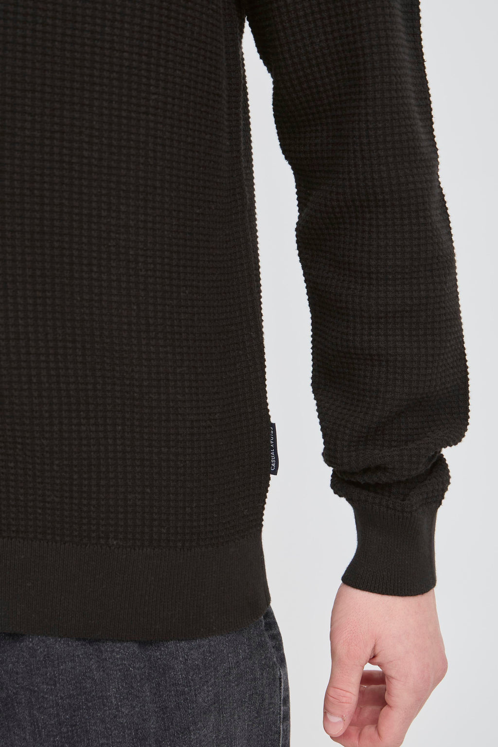 Classic Waffle Knit Cotton Crewneck Jumper - Black