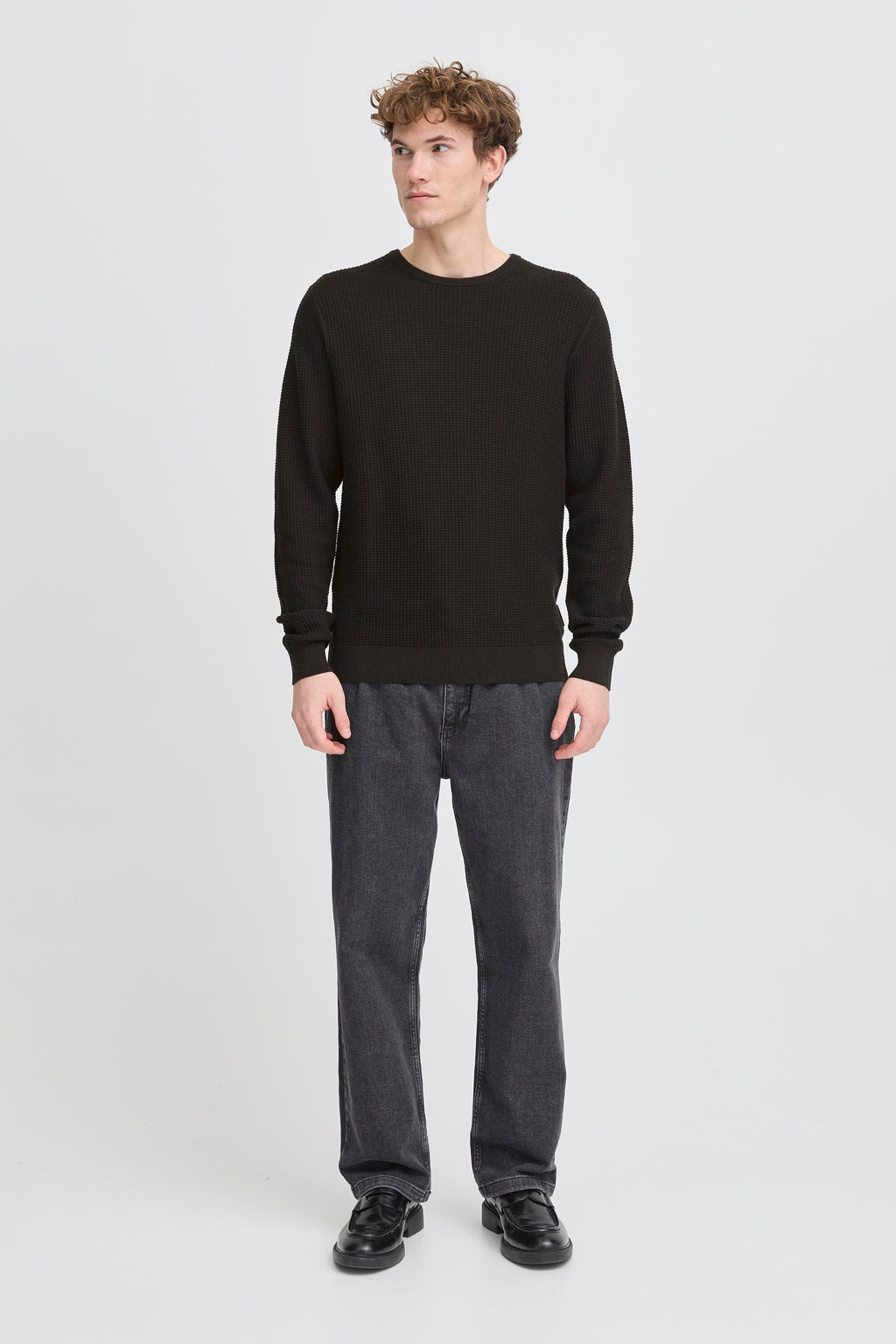 Classic Waffle Knit Cotton Crewneck Jumper - Black