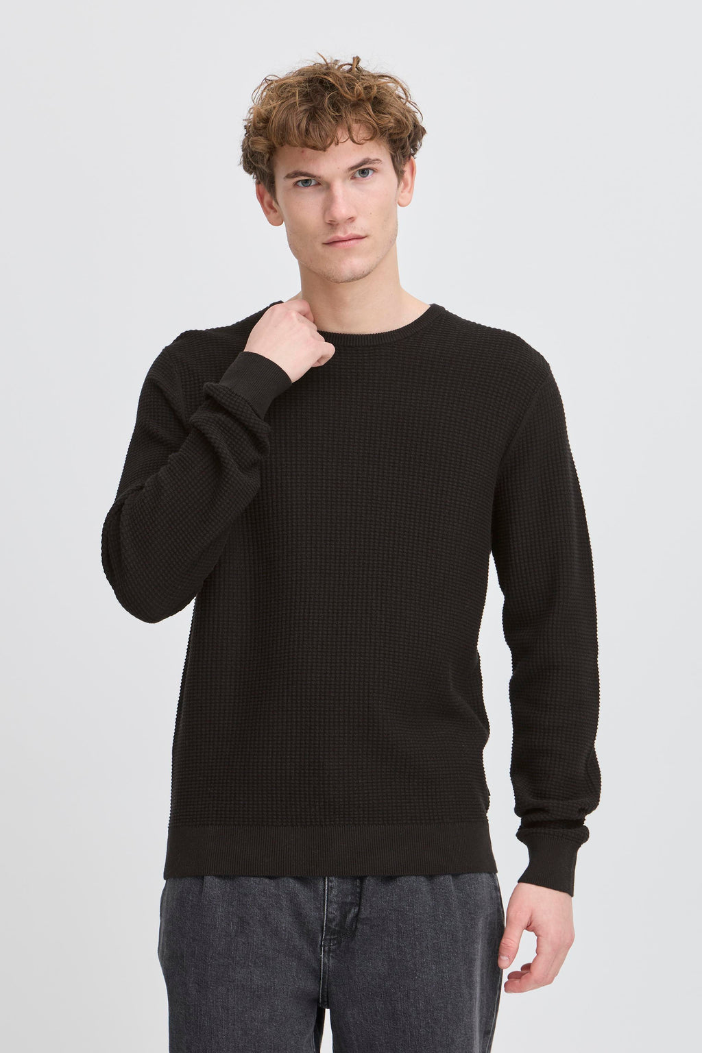 Classic Waffle Knit Cotton Crewneck Jumper - Black