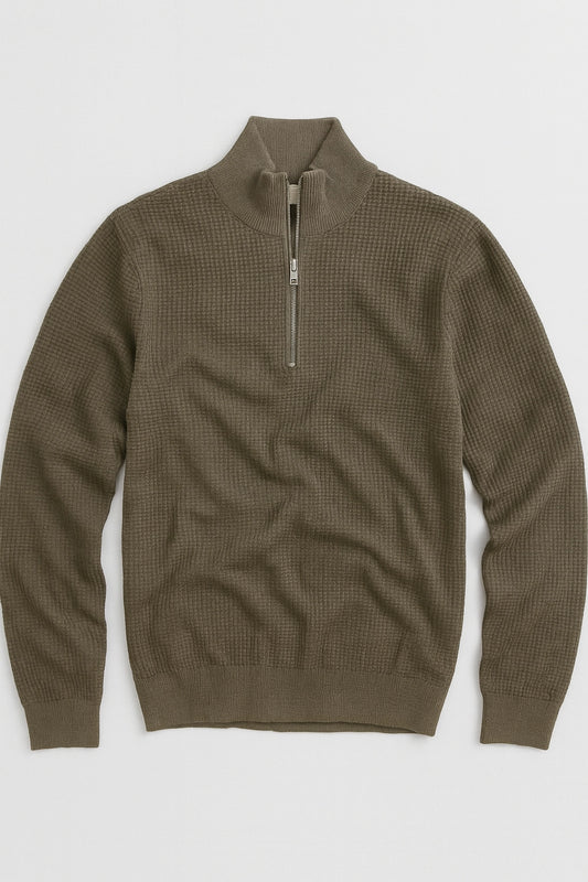 Textured Quarter-Zip Cotton Sweater – Olive Green