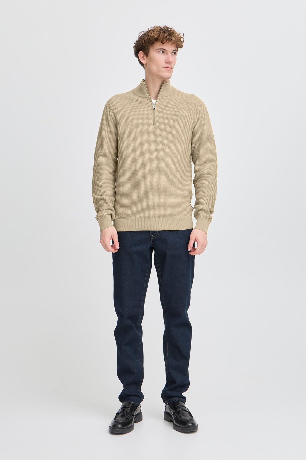 Textured Quarter-Zip Cotton Sweater – Beige
