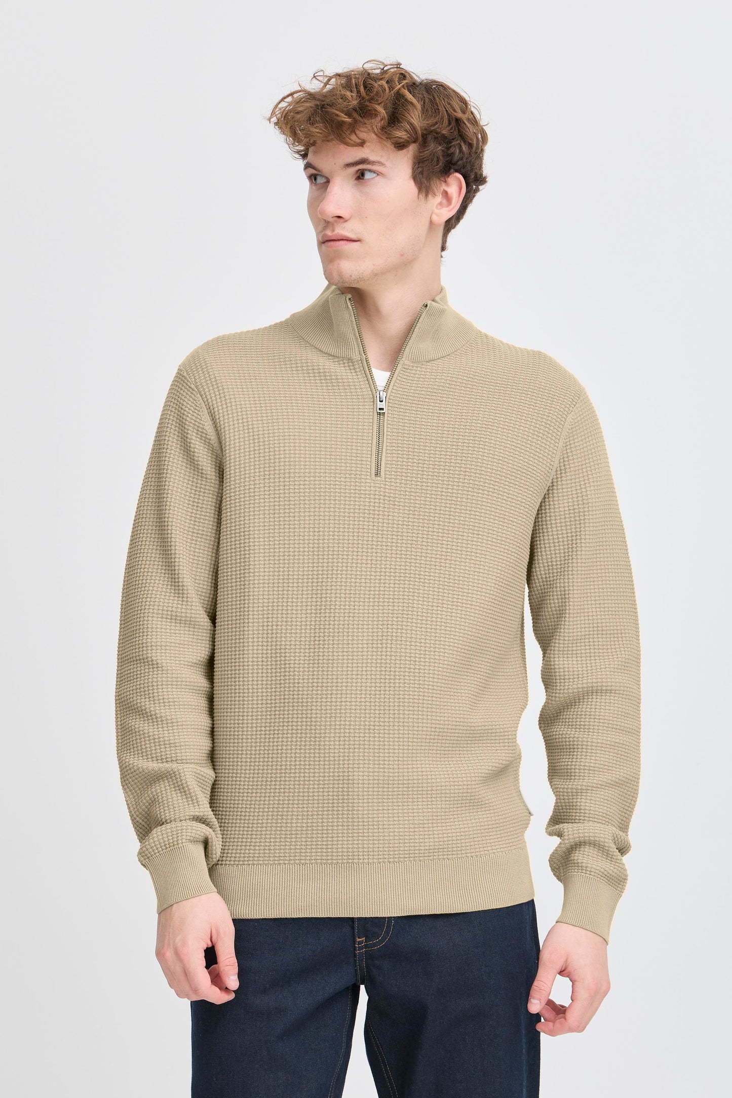 Textured Quarter-Zip Cotton Sweater – Beige