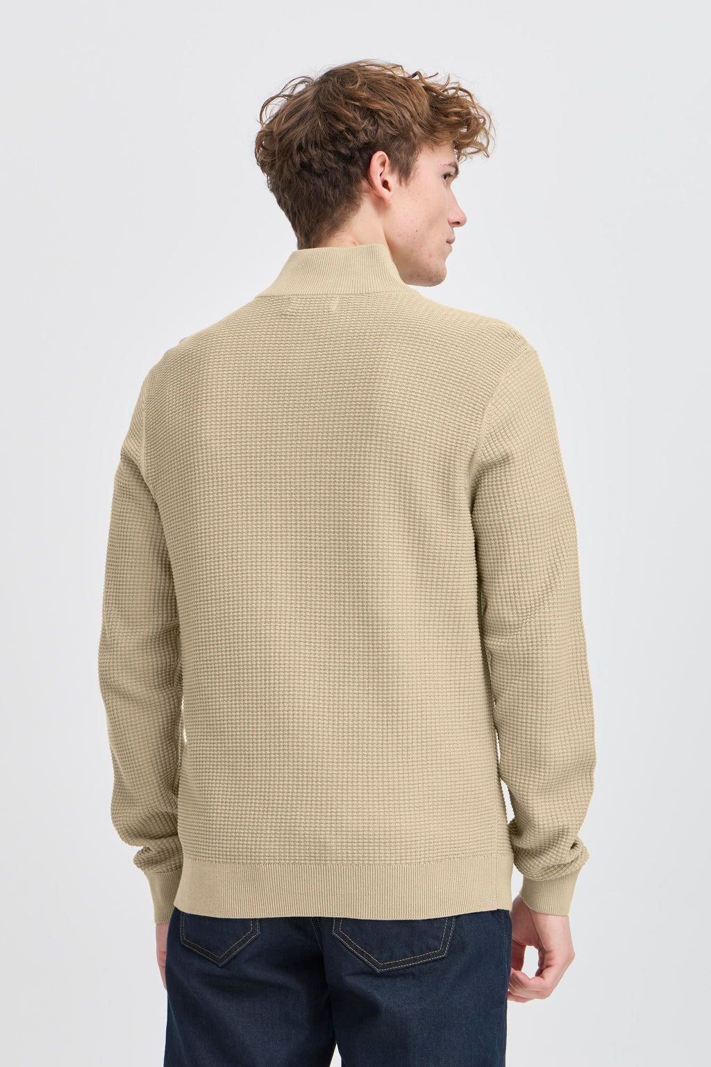 Textured Quarter-Zip Cotton Sweater – Beige