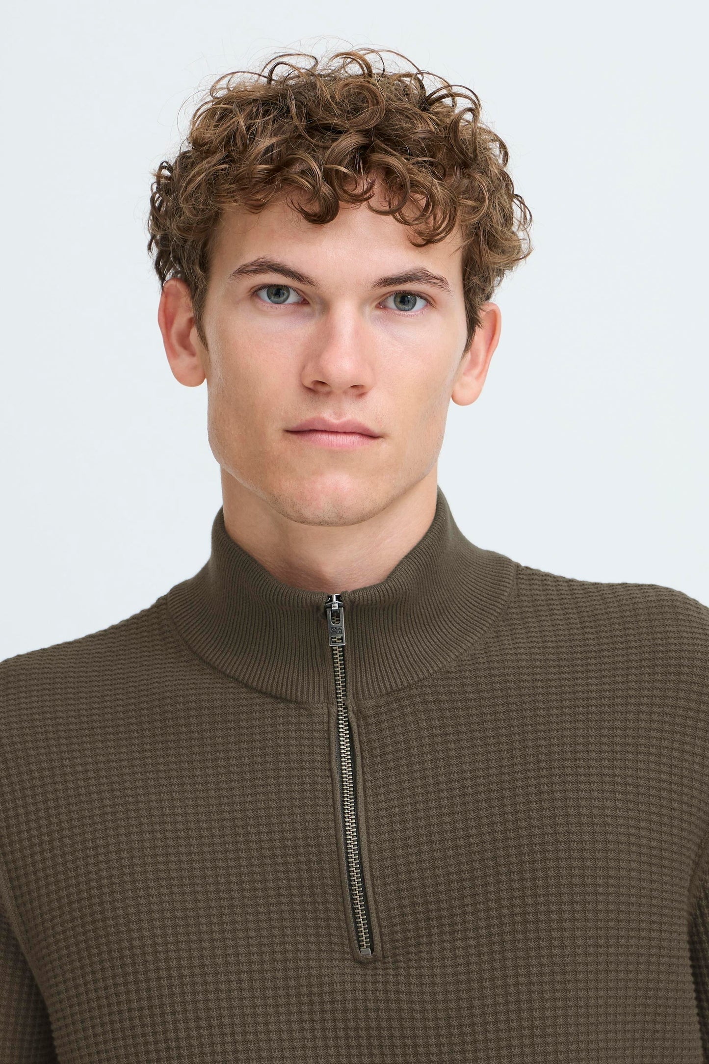 Textured Quarter-Zip Cotton Sweater – Olive Green