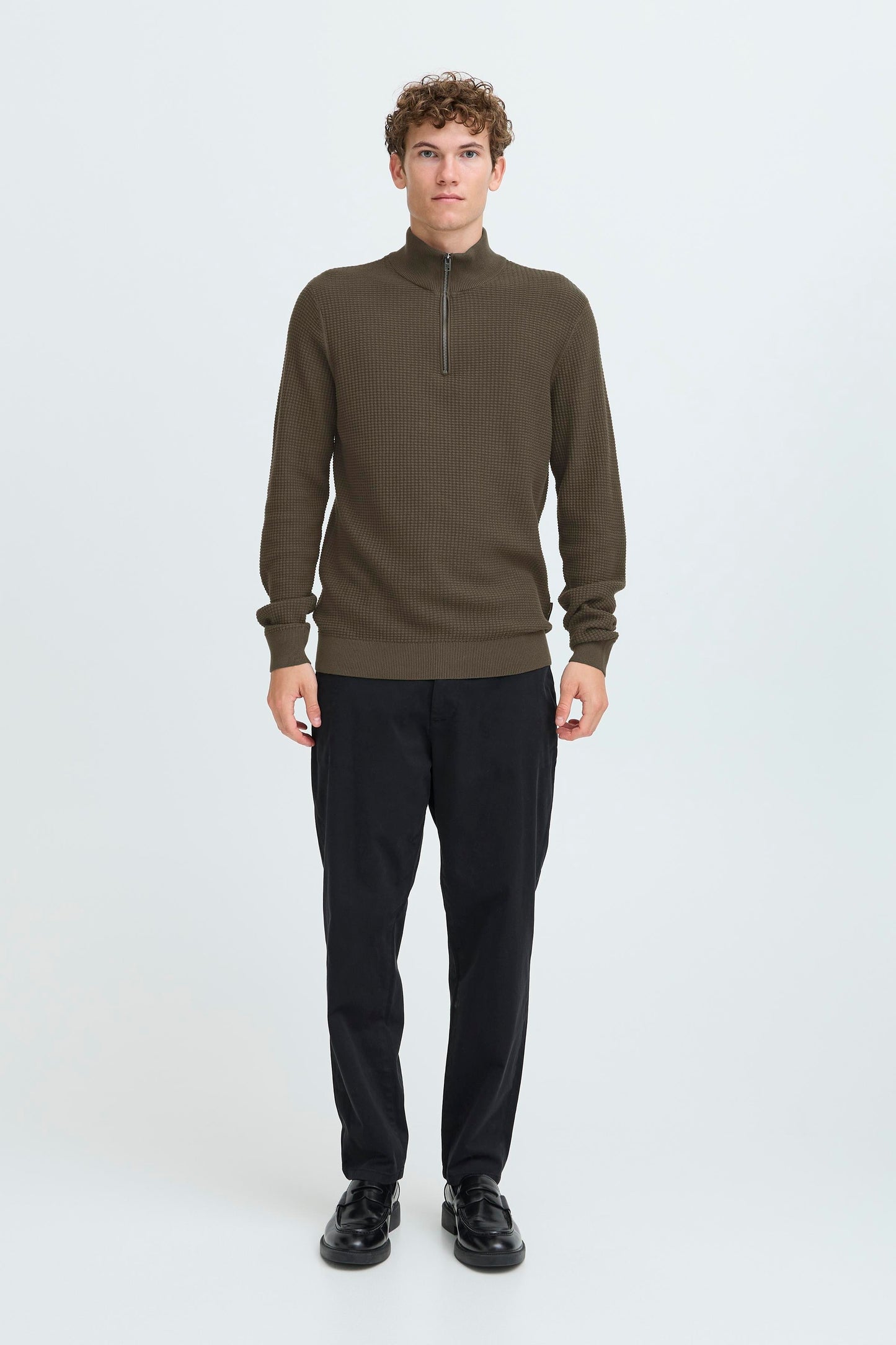 Textured Quarter-Zip Cotton Sweater – Olive Green