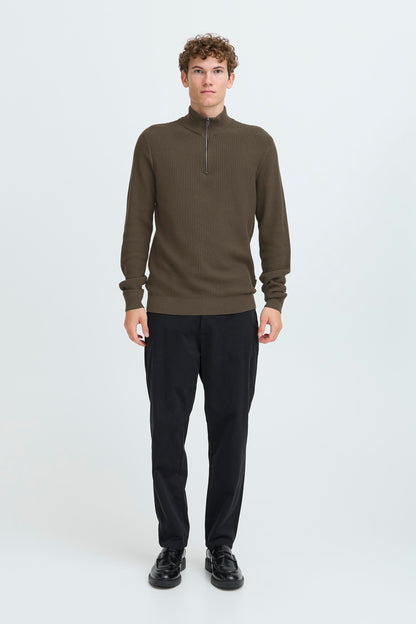 Textured Quarter-Zip Cotton Sweater – Olive Green