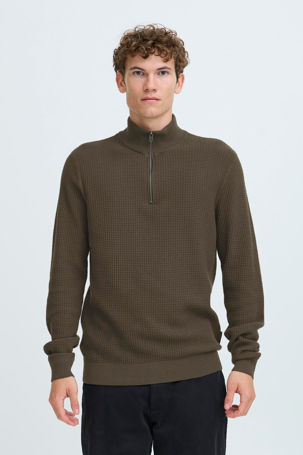 Textured Quarter-Zip Cotton Sweater – Olive Green