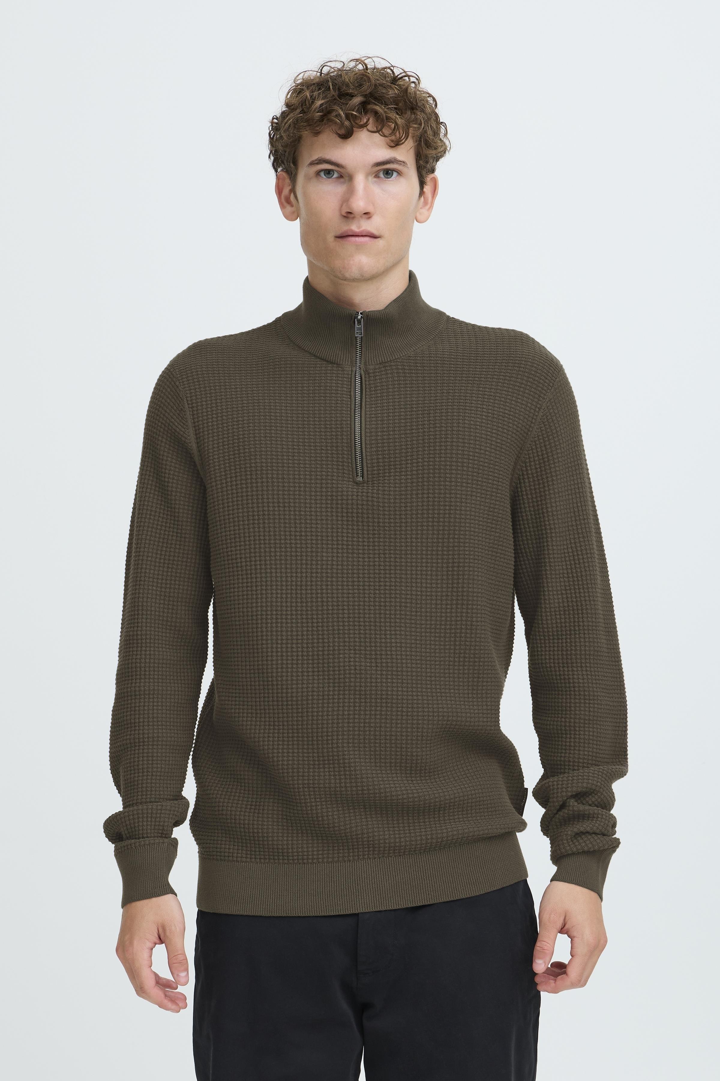 Textured Quarter-Zip Cotton Sweater – Olive Green