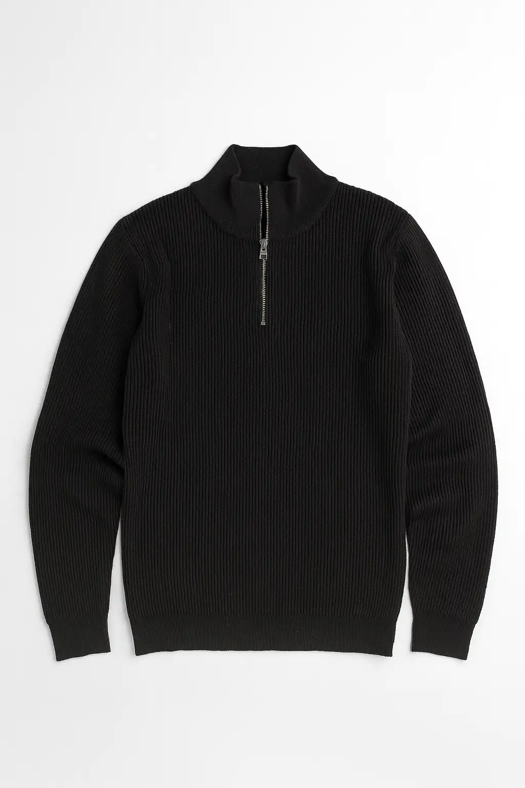 Cotton Ribbed Texture Quarter Zip Sweater - Black