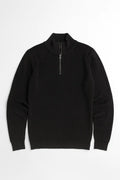 Cotton Ribbed Texture Quarter Zip Sweater - Black