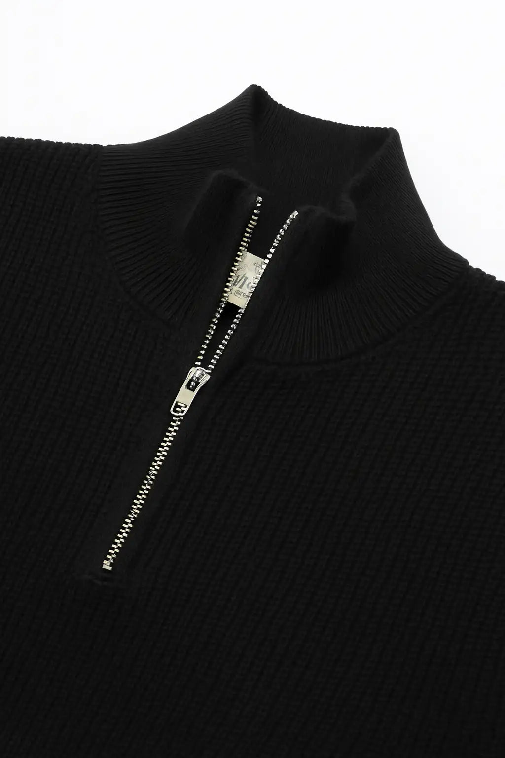 Cotton Ribbed Texture Quarter Zip Sweater - Black
