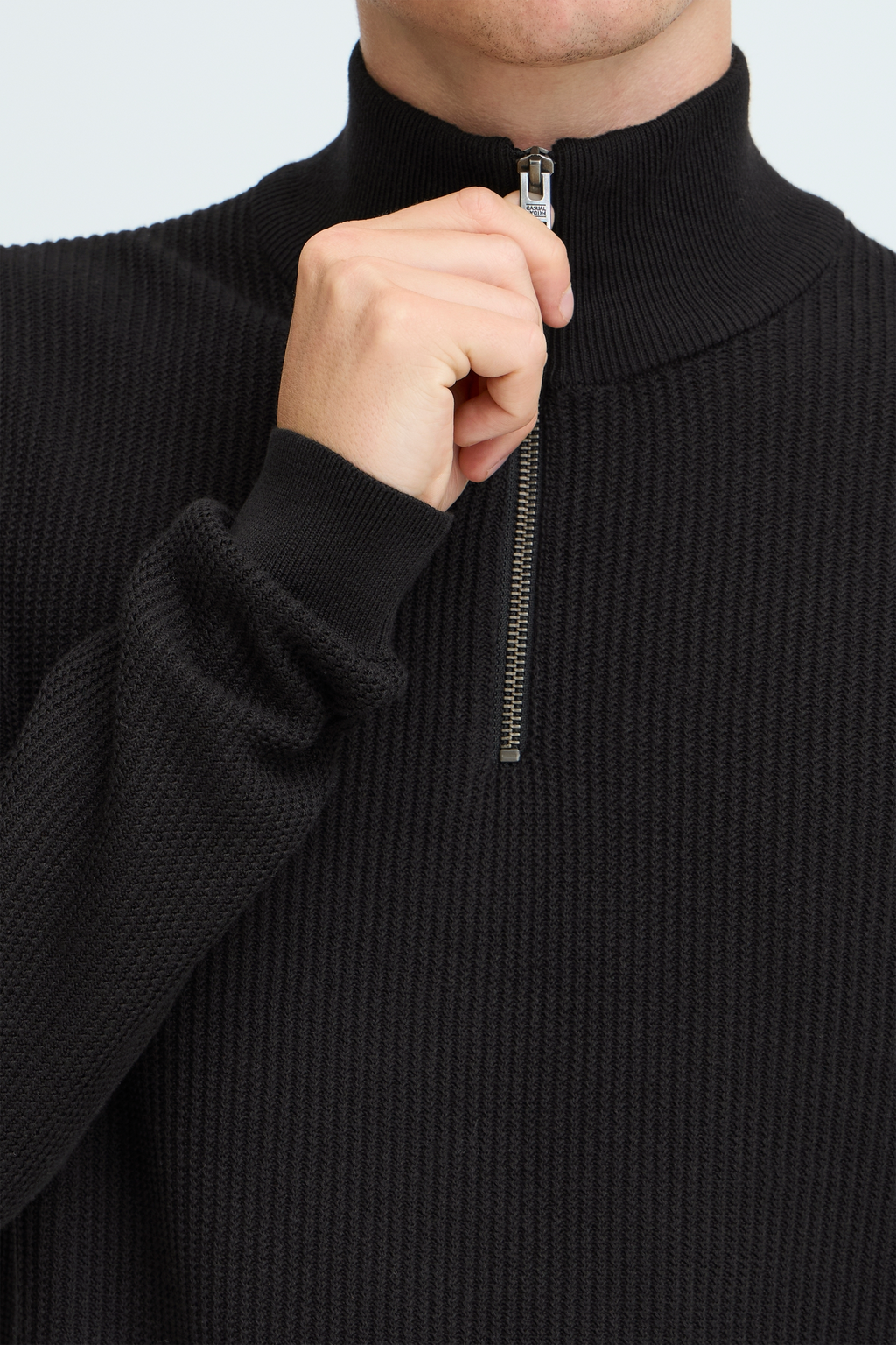 Cotton Ribbed Texture Quarter Zip Sweater - Black