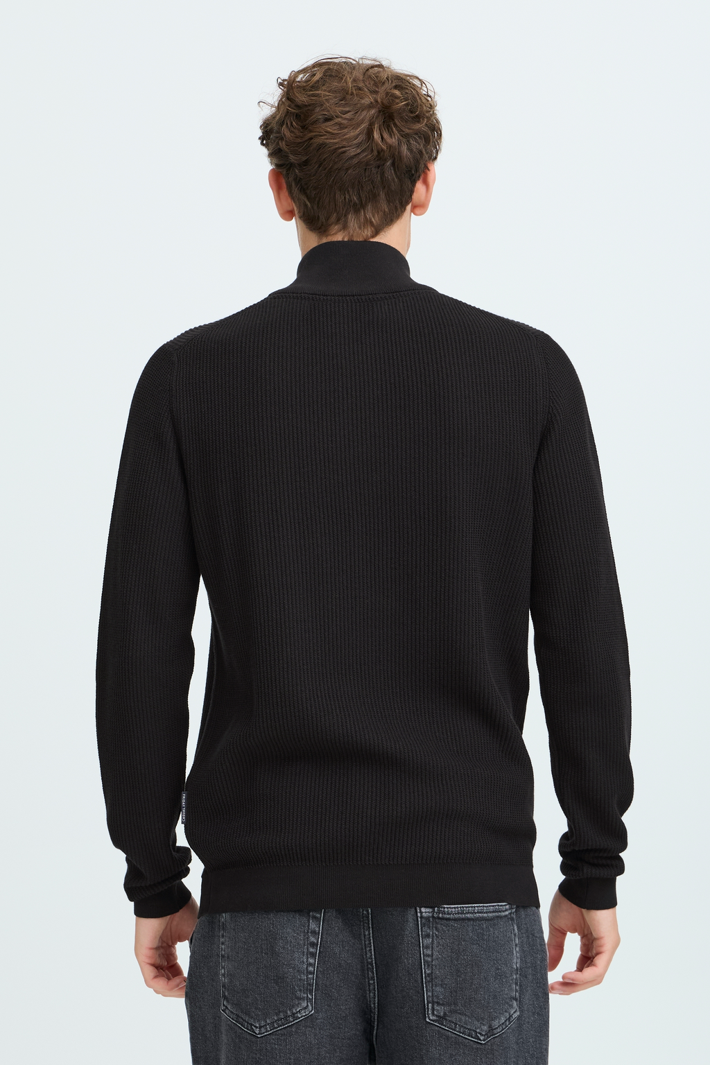 Cotton Ribbed Texture Quarter Zip Sweater - Black
