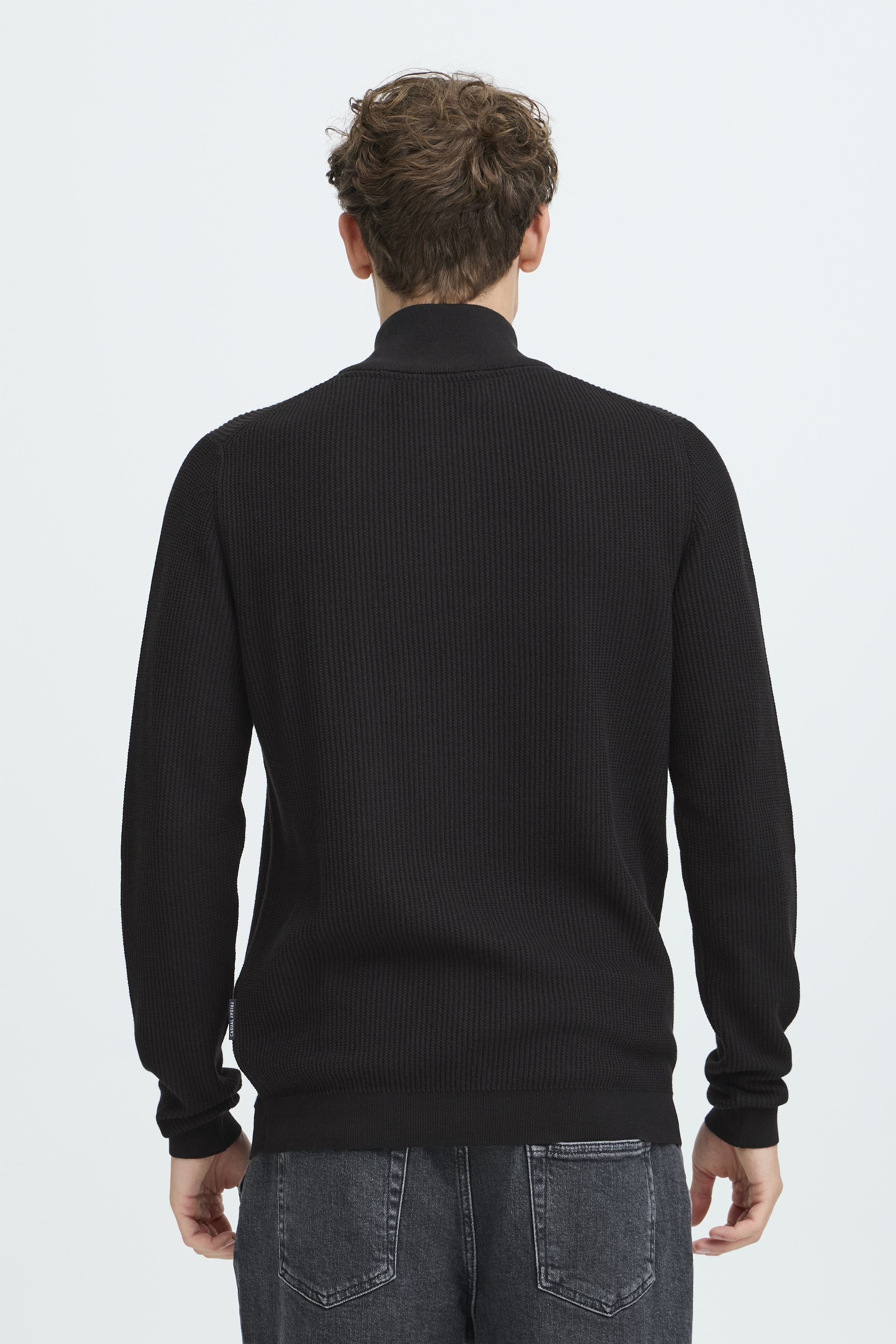 Cotton Ribbed Texture Quarter Zip Sweater - Black