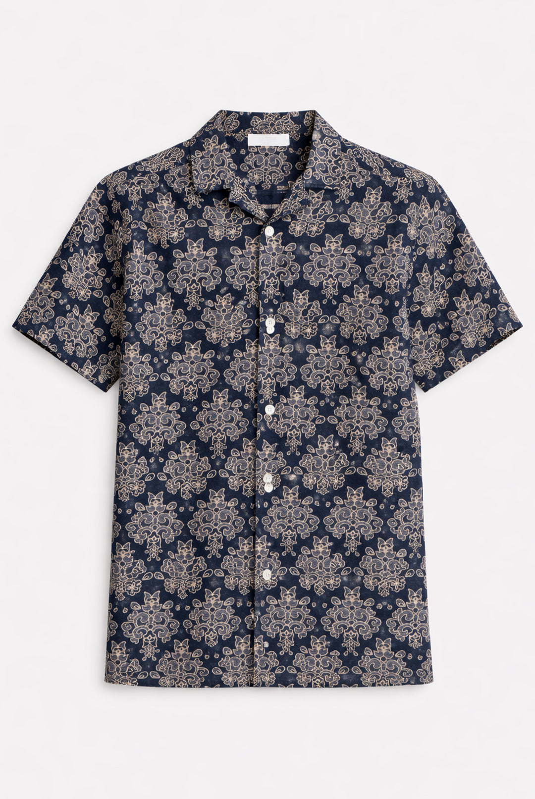 Ornamental Damask Short Sleeve Shirt - Navy & Ivory