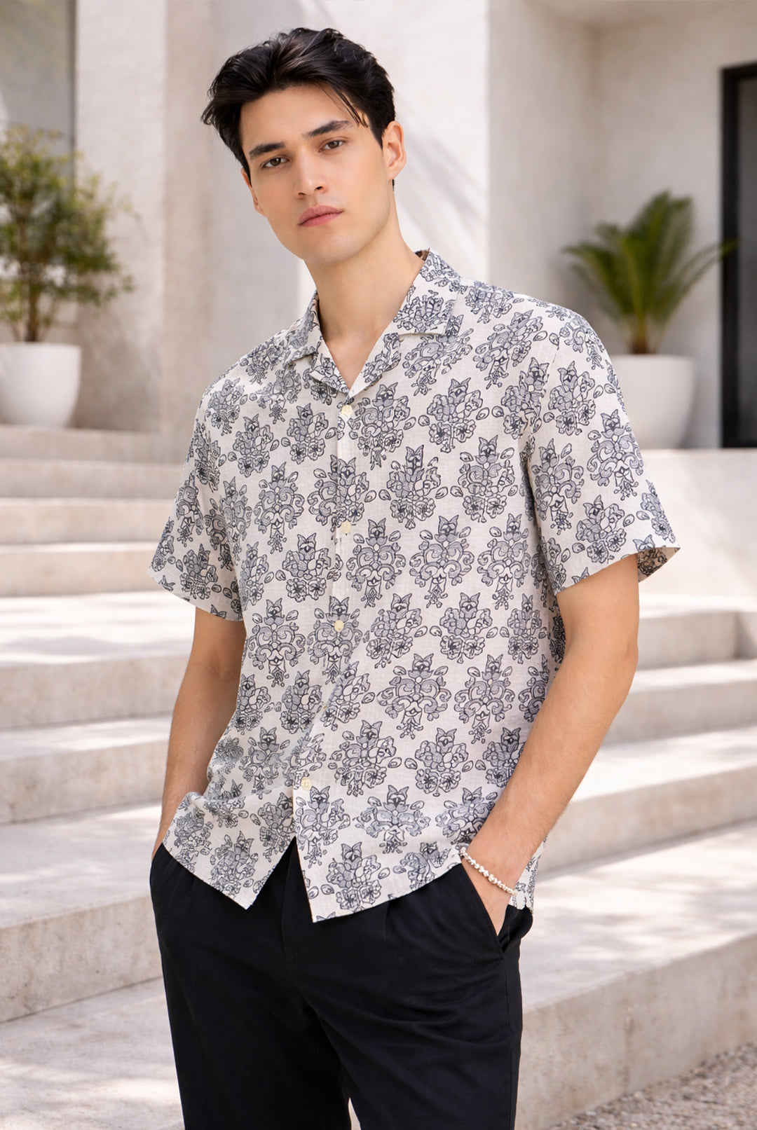 Ornamental Damask Short Sleeve Shirt - White