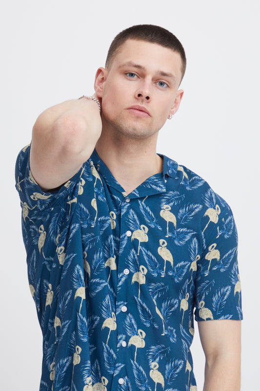 Hawaiian Print Shirts - Blue Flamingo