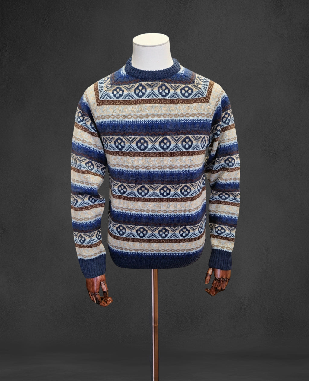 Wool-Blend Patterned Knitted Pullover - Blue and Beige