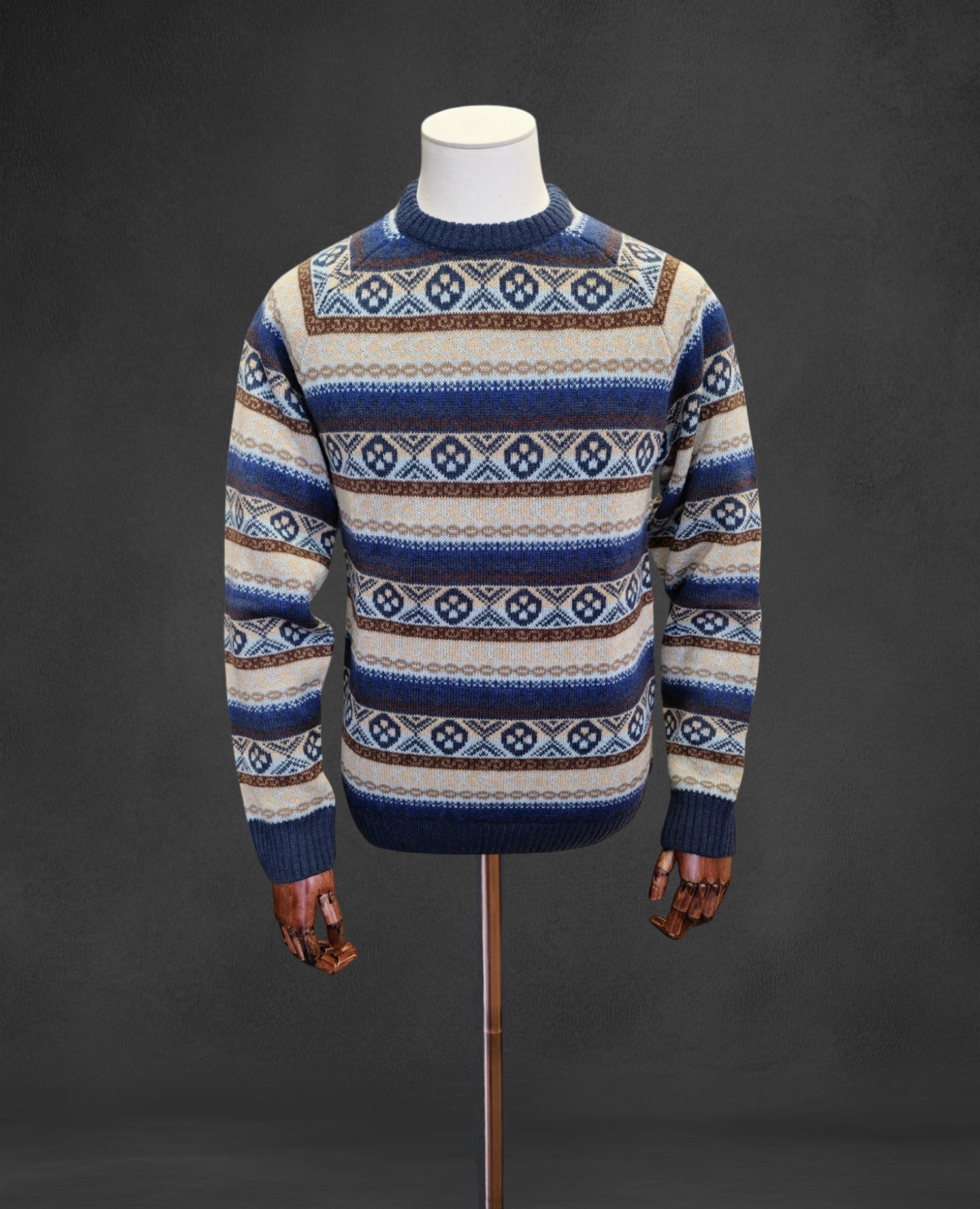 Wool-Blend Patterned Knitted Pullover - Blue and Beige