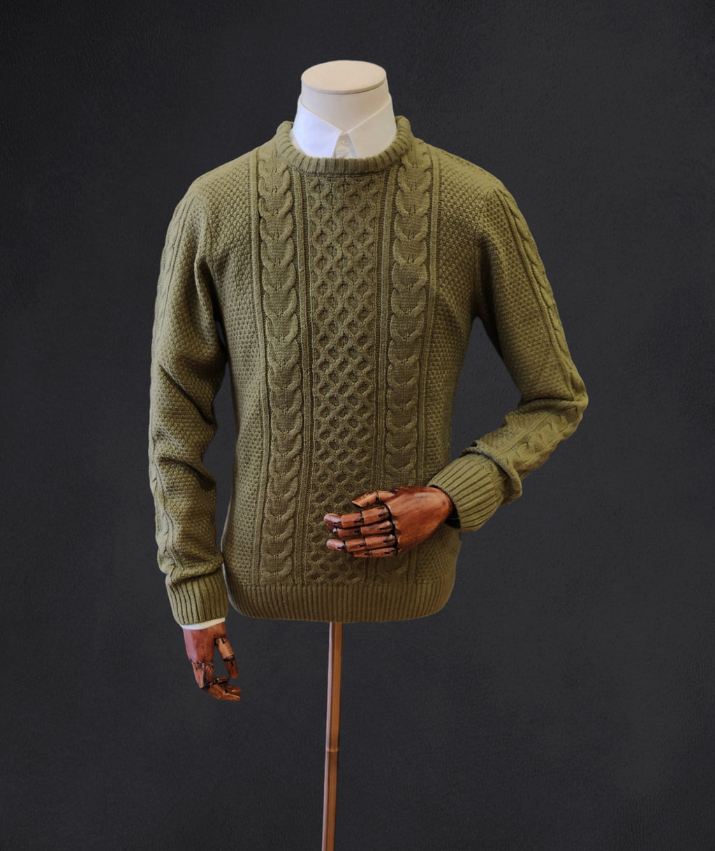 Cotton-Blend Cable-Knit Sweater - OIive