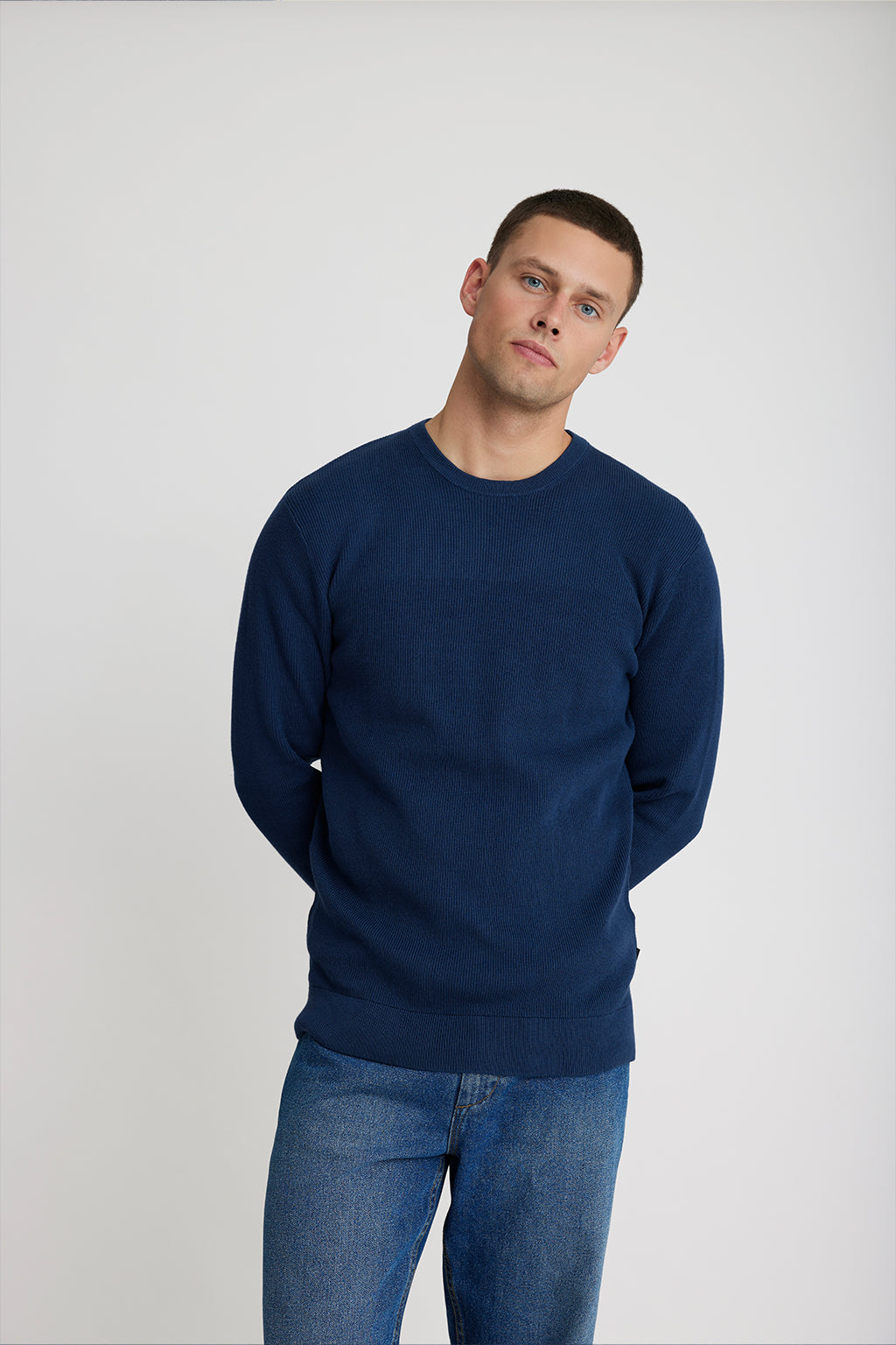 Soft Ribbed Cotton Blend Crewneck Jumper - Dress Blue