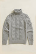 Chunky Woolen Cable Knit Roll-Neck Jumper - Light Grey