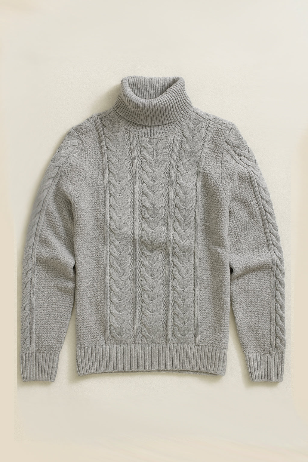 Chunky Woolen Cable Knit Roll-Neck Jumper - Light Grey