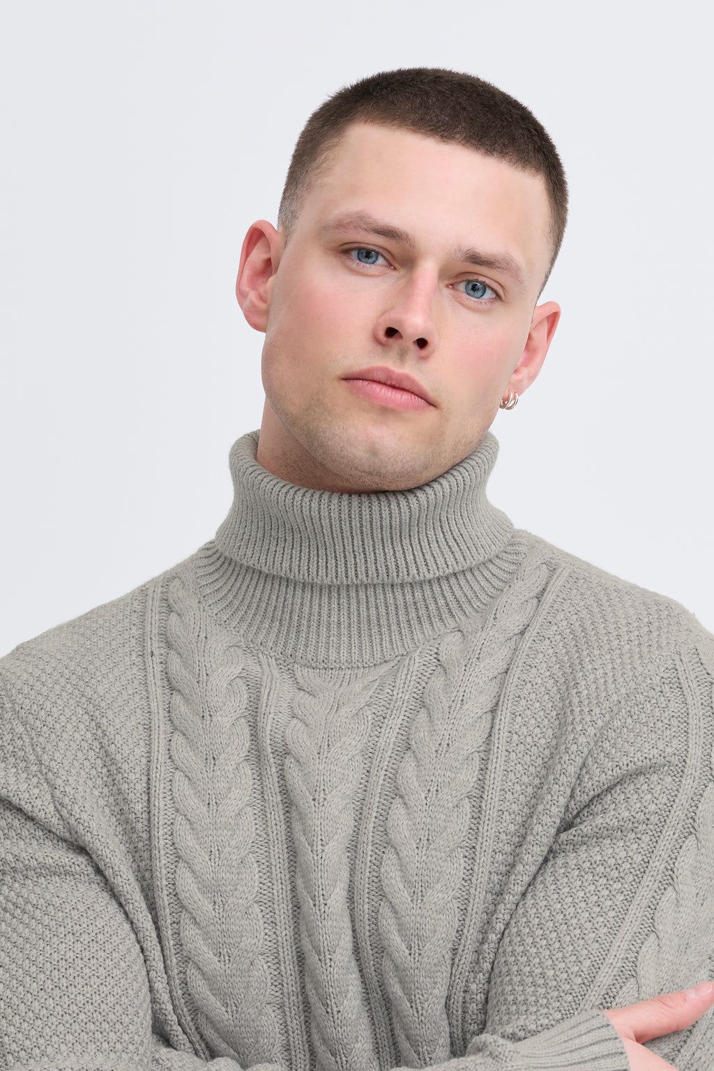 Chunky Woolen Cable Knit Roll-Neck Jumper - Light Grey