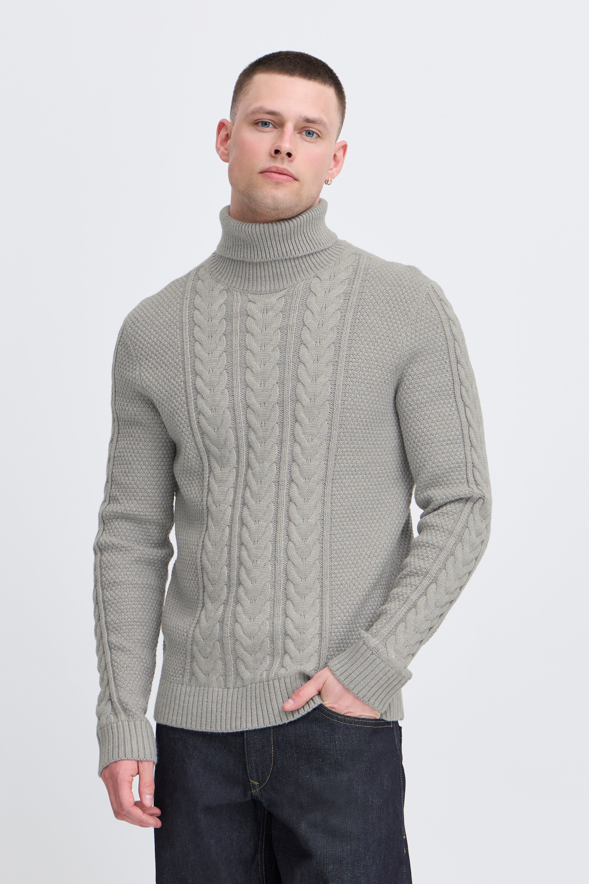 Chunky Woolen Cable Knit Roll-Neck Jumper - Light Grey