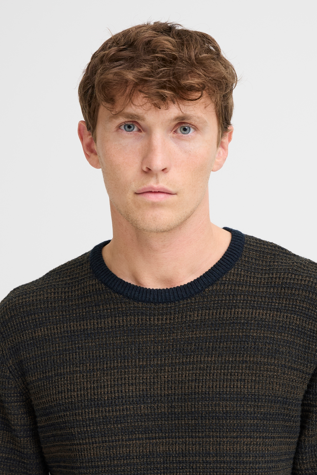 Navy & Brown Waffle Knit Wool Blend Jumper