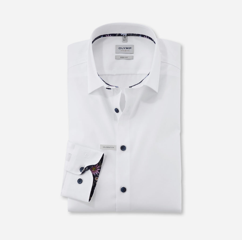 Olymp Luxor Body Fit - White Navy Floral Detail