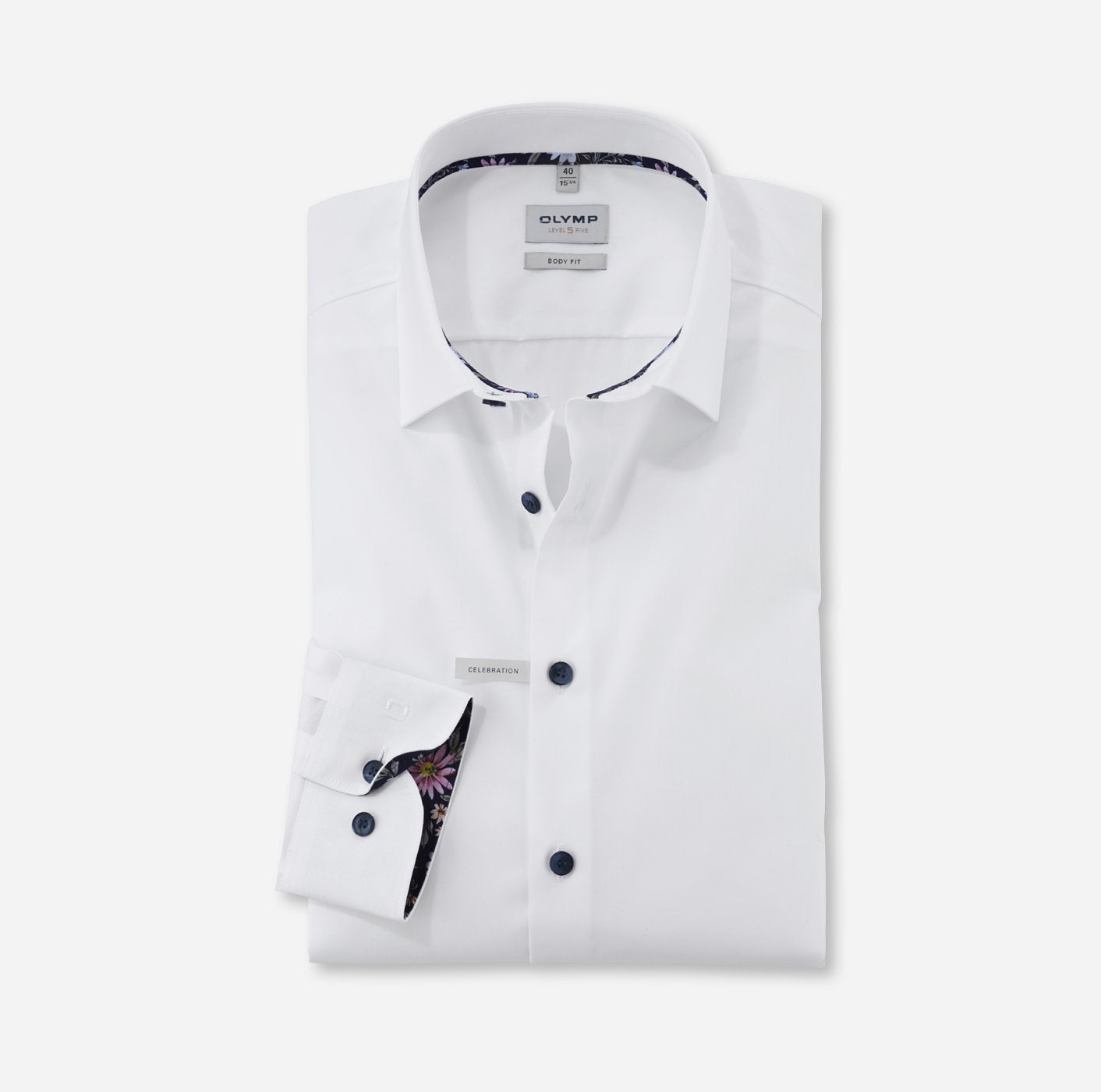 Olymp Luxor Body Fit - White Navy Floral Detail