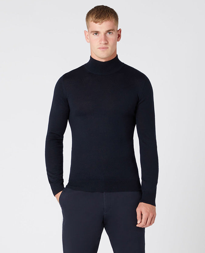 Slim Fit Merino Wool-Blend Turtle Neck Sweater - Navy
