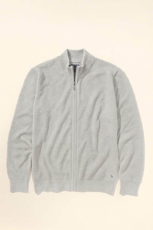 Light Grey Full-Zip Cardigan with Textured Knit