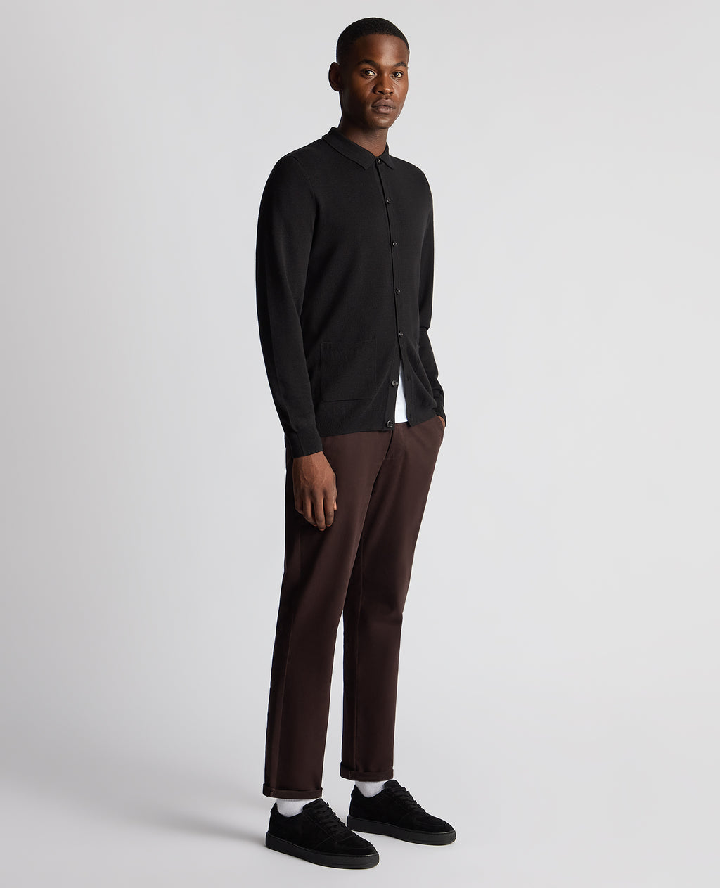 Long Sleeve Buttoned Polo Cardigan - Black