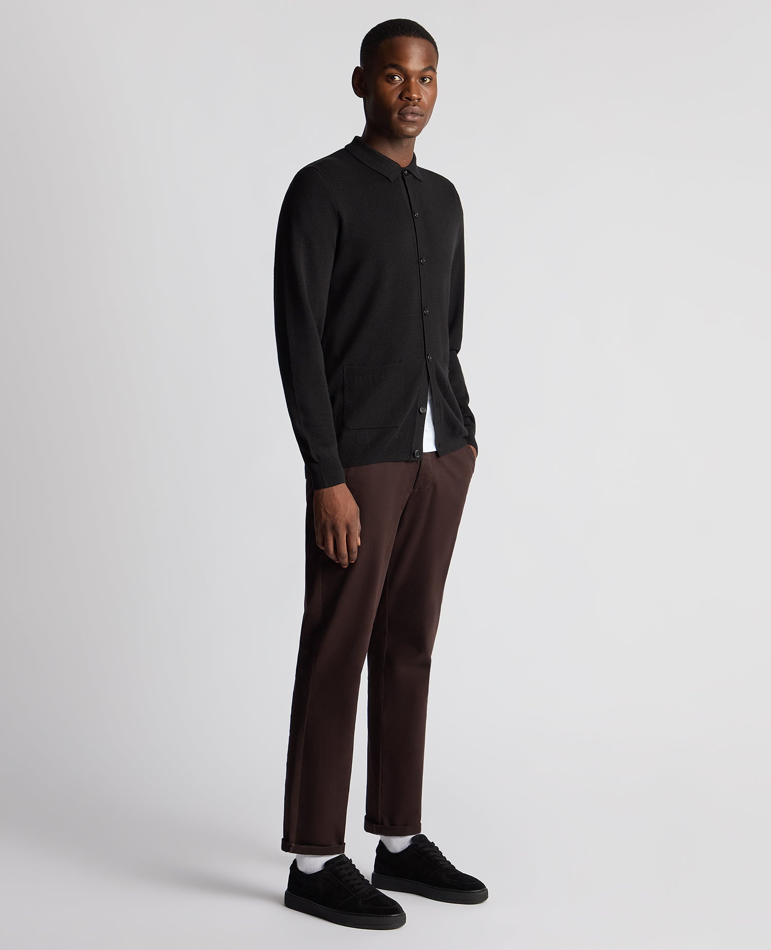 Long Sleeve Buttoned Polo Cardigan - Black