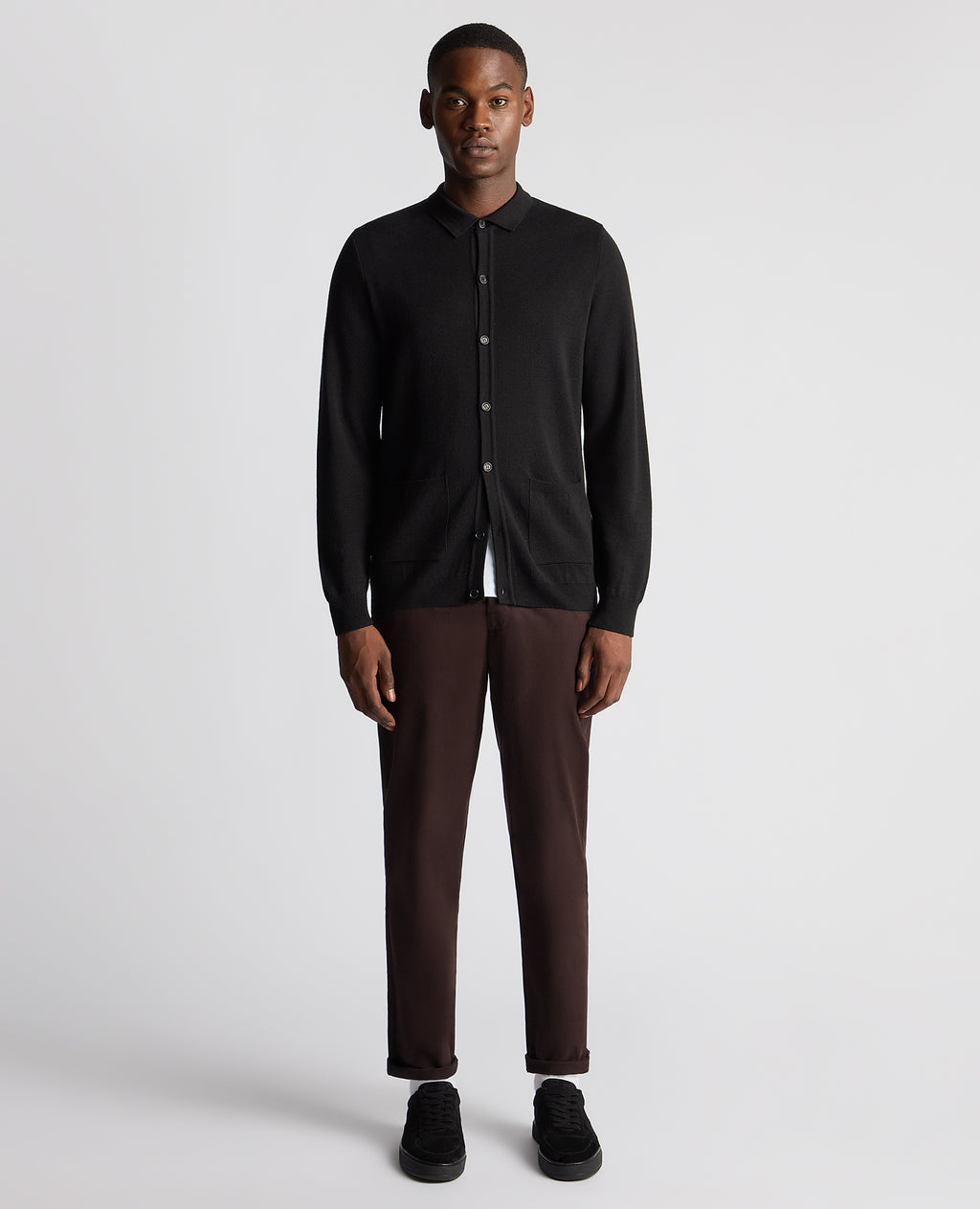 Long Sleeve Buttoned Polo Cardigan - Black