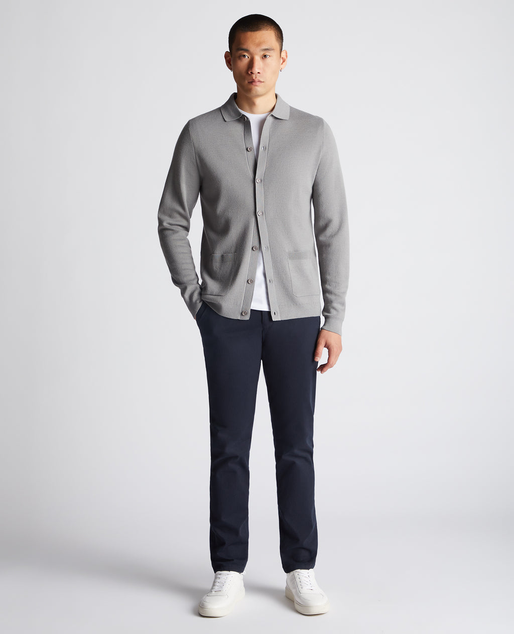 Long Sleeve Buttoned Polo Cardigan - Light Grey