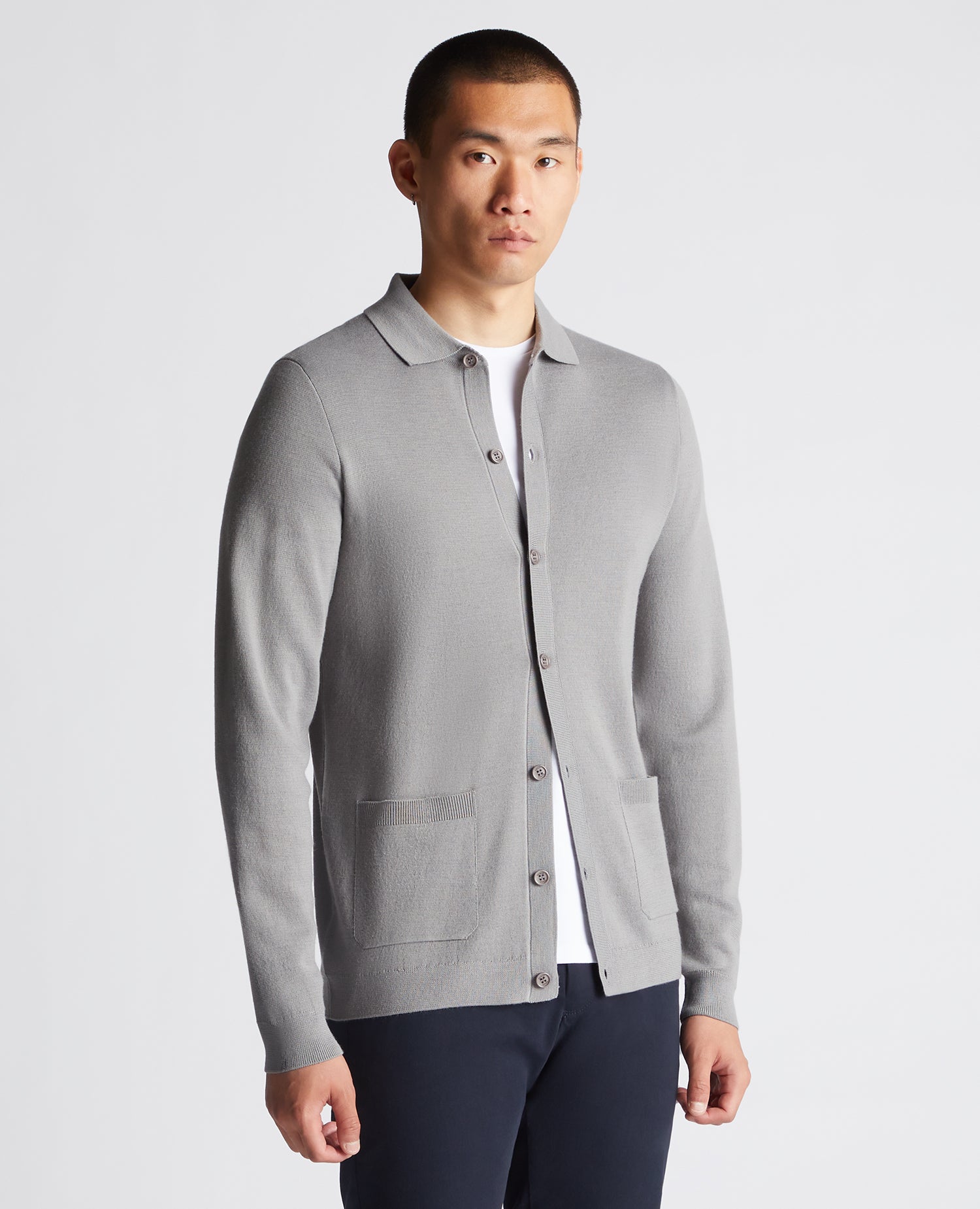 Long Sleeve Buttoned Polo Cardigan - Light Grey