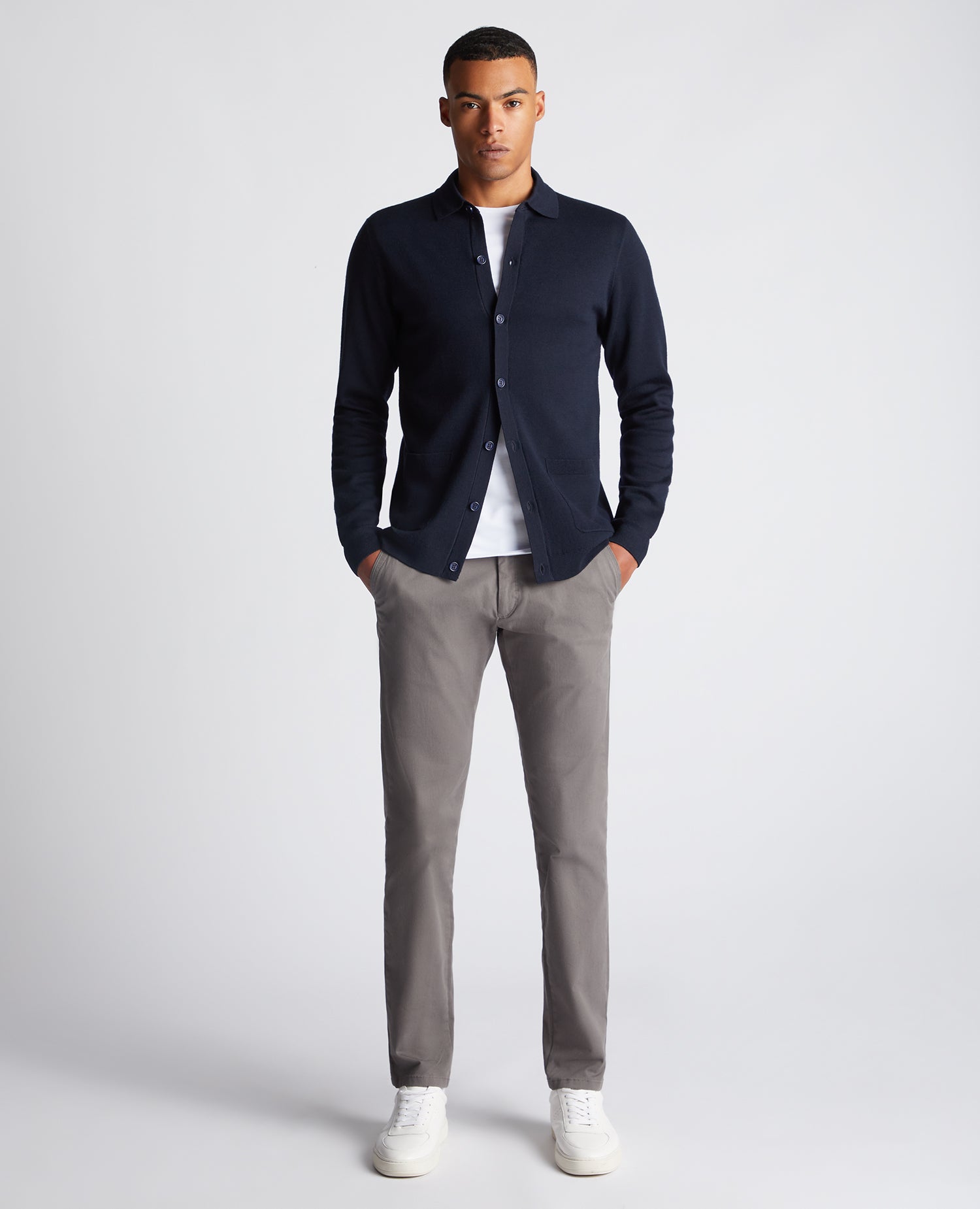 Long Sleeve Buttoned Polo Cardigan - Navy