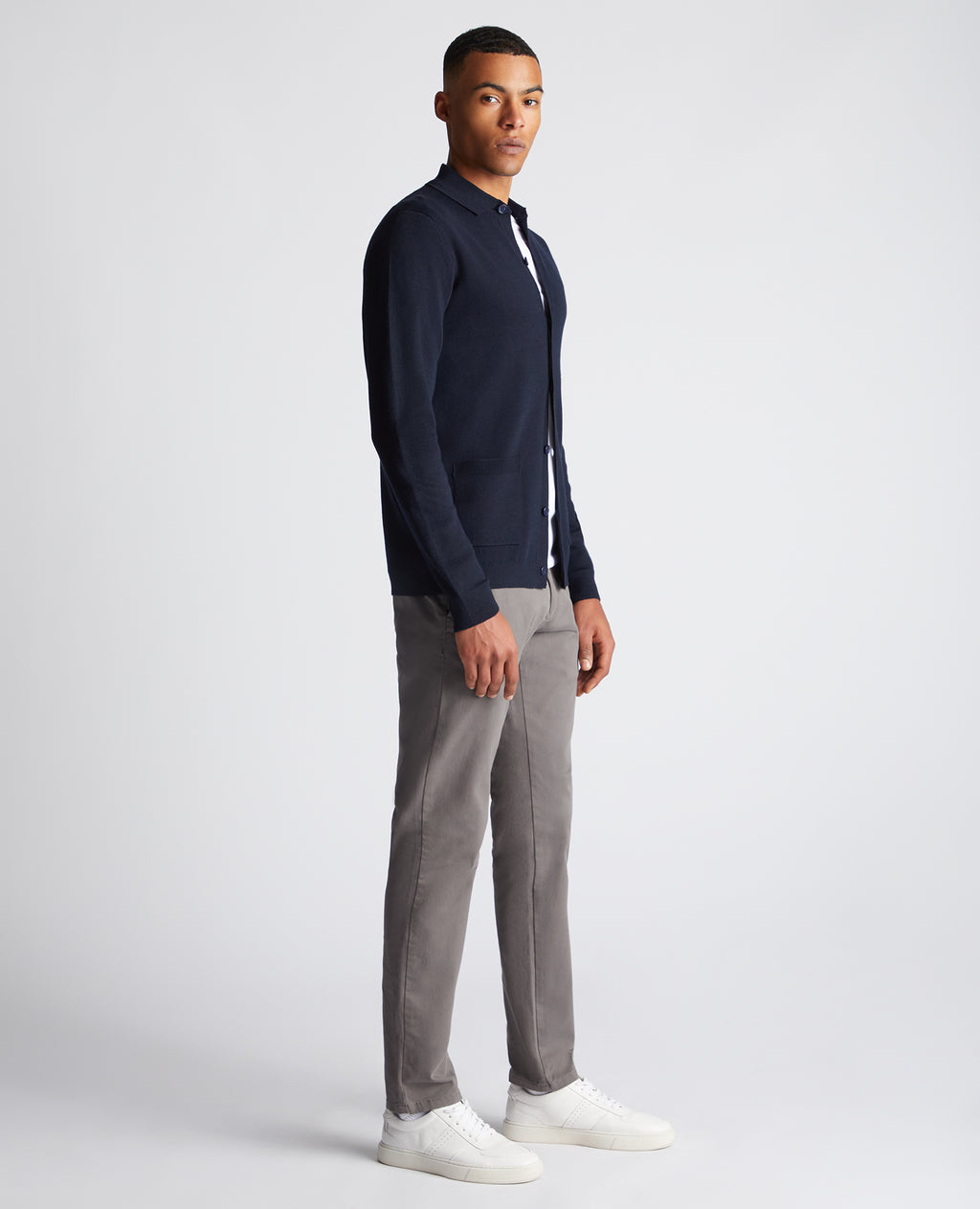 Long Sleeve Buttoned Polo Cardigan - Navy